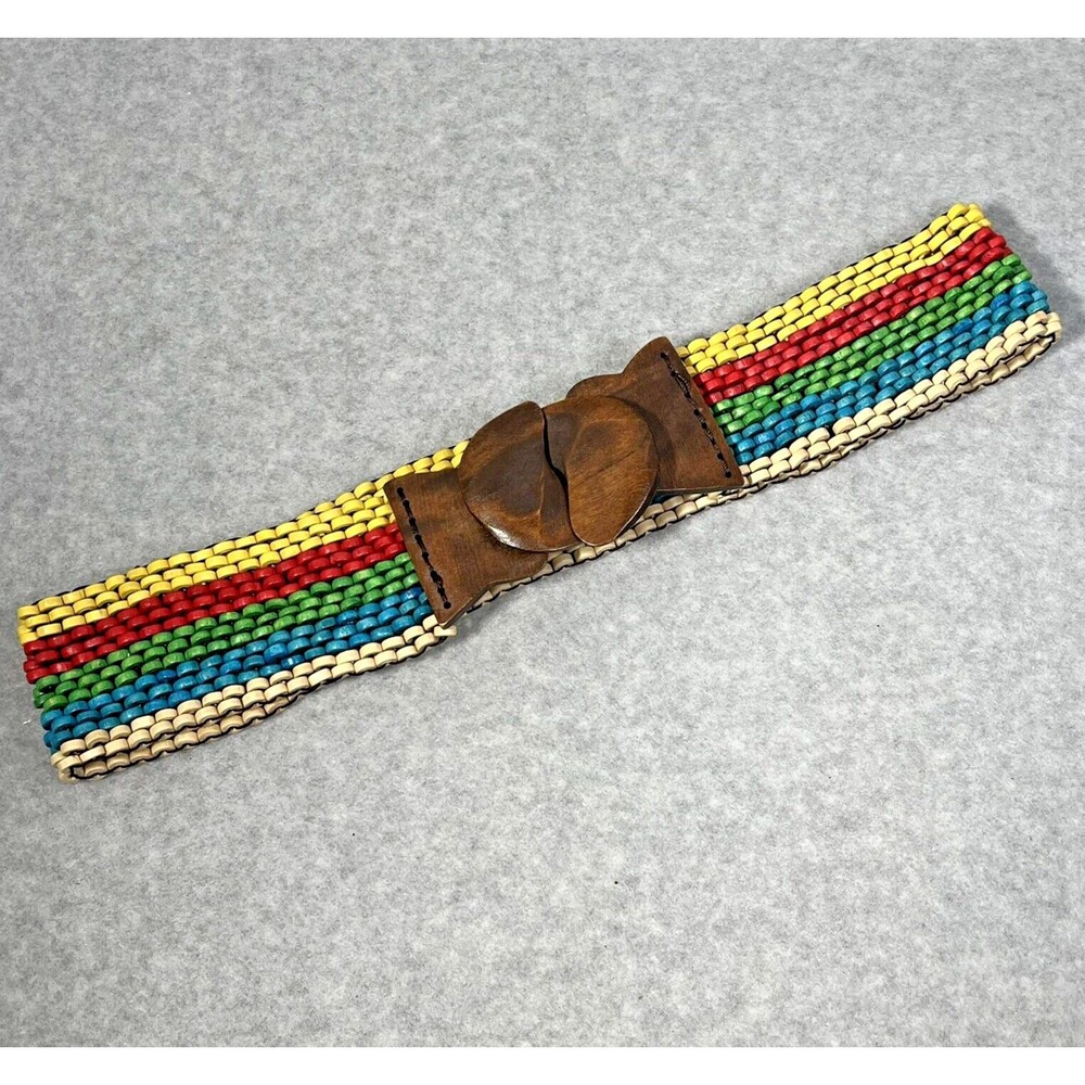 Wood Beaded Stretch Belt Wooden Buckle Closure Y2K Boho Rainbow Hippie Party Fun
